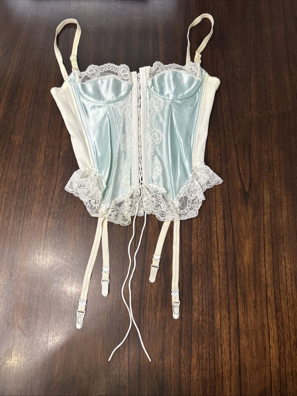 VTG Shirley Of Hollywood Satin & Lace Baby Blue Bustier Corset Sz 34 Fairycore